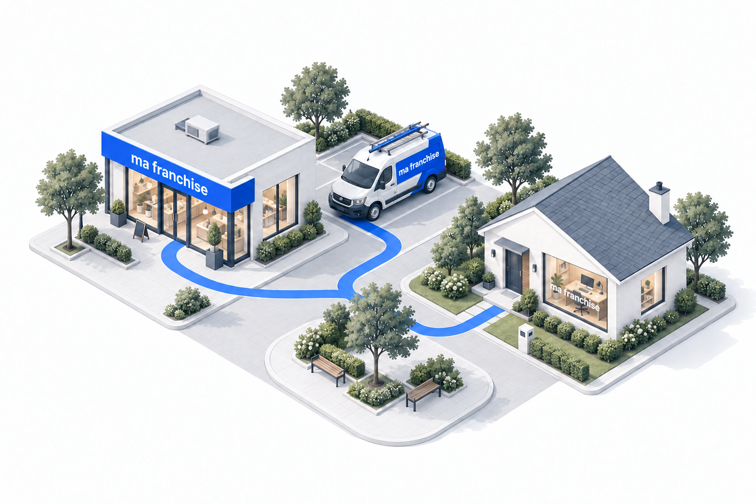 Un magasin, un véhicule professionnel et un bureau à domicile reliés par un chemin bleu, chacun portant l’enseigne « ma franchise ».